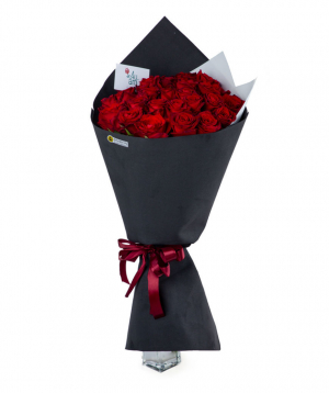 Bouquet `Douglas` with red roses 25 pcs