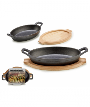 Small oval cast iron pan w/ wood tray 22x12.5x5 cm