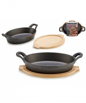 Large oval cast iron pan w/ a wood tray 15.5x27.8x67 cm