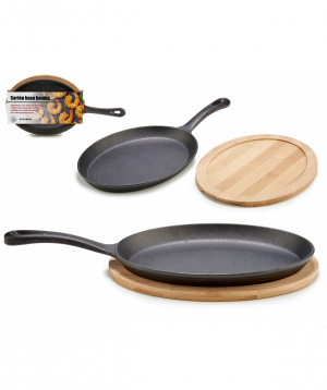 Large oval cast iron pan w/ a wood tray 19x38.5x45 cm