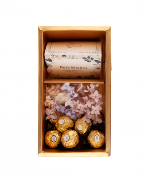 Gift box `EM Flowers` with eternal hydrangeas and chocolates