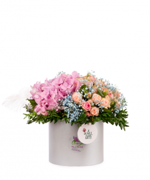 Composition `Gali` with bush roses, gypsophila and hydrangea