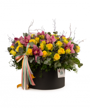 Composition `Privas` with roses, orchids and eucalyptus