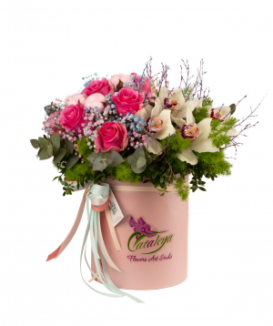 Composition `Genova ` with roses, orchids and gypsophila