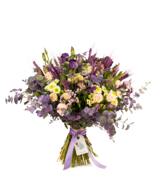 Bouquet `Banff` with roses, lisianthus and chrysanthemums
