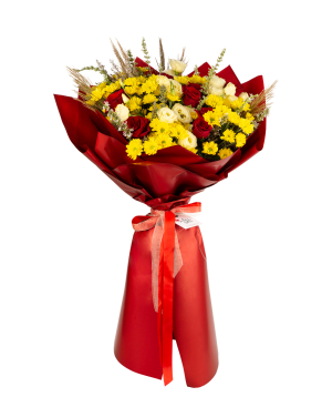 Bouquet `Red Alba` with roses, chrysanthemums, lisianthus