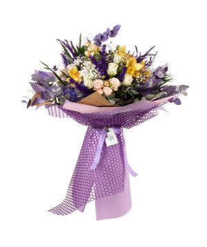 Bouquet `Kobrin` with roses, orchids and gypsophilas
