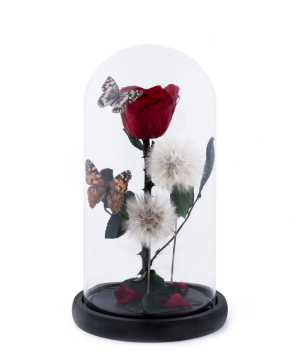 Роза `EM Flowers` вечная красная 27 см с бабочками