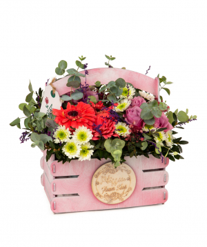 Composition `Marsa` with roses, gerberas and chrysanthemums