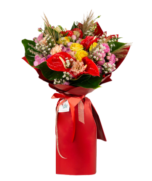 Bouquet `Estelle` with roses, bush roses, anthuriums, lisianthus