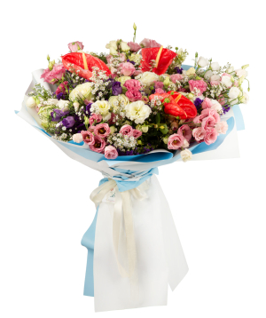 Bouquet `Floral Variety` with roses, anthuriums, lisianthus