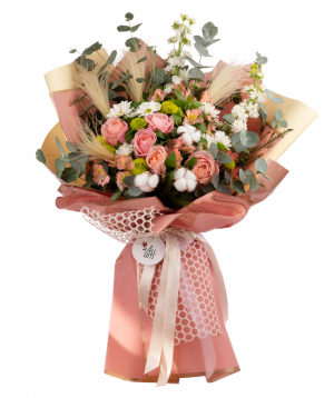 Bouquet `Mospino` with peony roses and alstroemerias