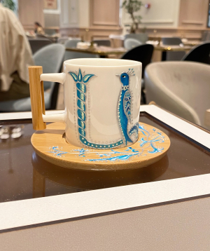 Cup «HAYA» With bird Letters and wooden coaster №8