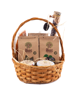 Basket `Akos` with tea, fruit lavash, dried fruit and  jam