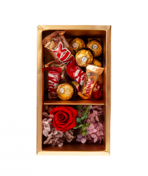 Gift box `EM Flowers` with eternal rose, hydrangeas and chocolates