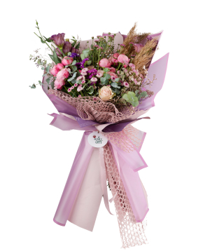 Bouquet `Payakumbuh` of roses, lisianthus, chrysanthemums