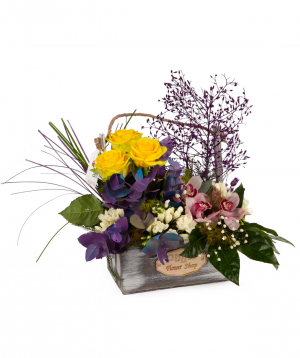 Composition `Owosso` with roses, orchids, freesias and eucalyptus