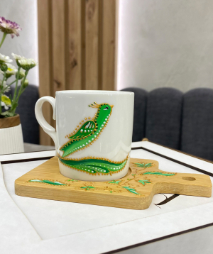 Cup «HAYA» With bird Letters and wooden coaster №5