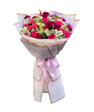 Bouquet `Kalach` with roses and alstroemerias