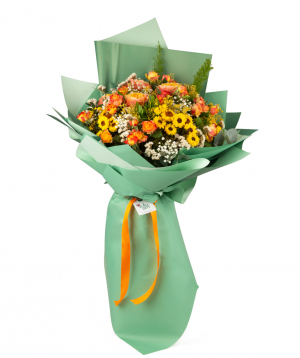 Bouquet `Cape Town` with roses, chrysanthemums, gypsophilas