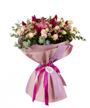 Bouquet `SHINE` with roses, gypsophila, lilies