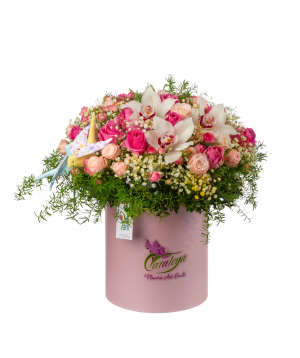 Composition `Bregenz` with roses, orchids and gypsophila