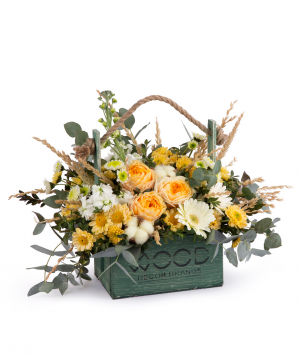 Composition `Novomoskovsk` with peony roses and chrysanthemums