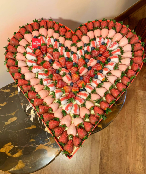 Heart-shaped composition `Sweet Elak` with chocolate covered strawberries