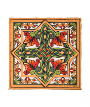 Scarf `Armenian ornaments` orange and green, medium