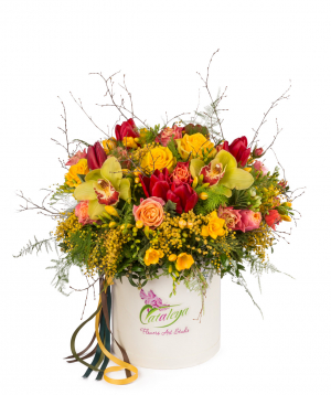 Composition `Kelme` with roses, tulips and freesias