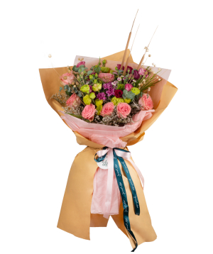Bouquet `Pekanbaru` of roses, lisianthus, chrysanthemums