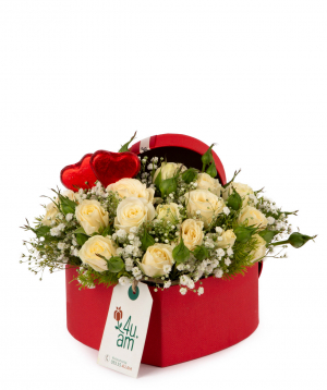 Composition `San Rafael` with chocolate, roses and gypsophilias