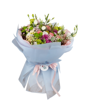 Bouquet `Savahlunto` of roses, lisianthus, chrysanthemums