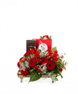 Composition `Dembitsa` with flowers, chocolates and brandy