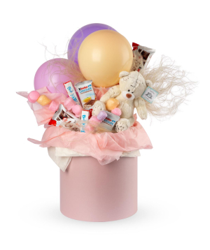 Composition `Bells` with soft bear, chocolates and balloons