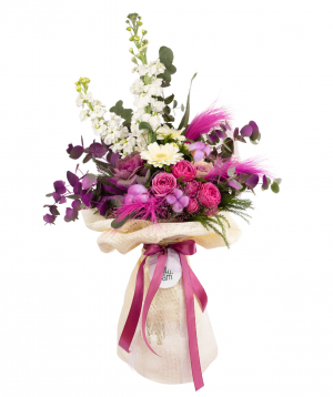 Bouquet of `Merefa` with peony roses and chrysanthemums