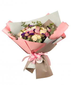 Bouquet `SHIK` with roses, chrysanthemums