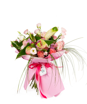 Bouquet `Lukinda` with roses, anthuriums, lisianthus