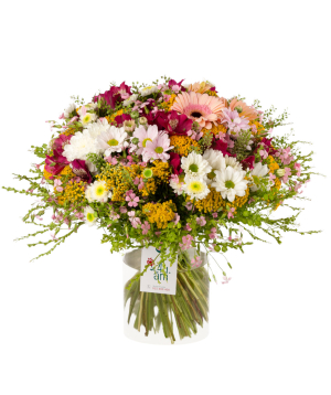 Bouquet `Miramar` with chrysanthemums, alstroemerias, gerberas and wildflowers