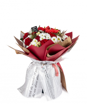 Bouquet `Limerick` with roses, chrysanthemums and anthuriums