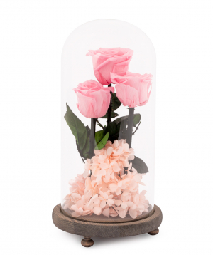 Composition `EM Flowers` with eternal roses and hydrangea pink 28 cm in a flask