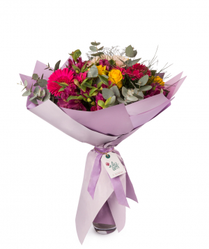 Bouquet `Bologna` with roses, alstroemerias and gerberas