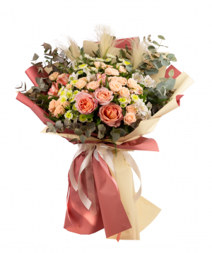 Bouquet `Neteshin` with peony roses and alstroemerias