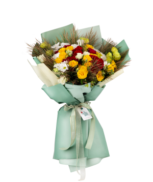 Bouquet `Reagan` with roses, bush roses, lisianthus and chrysanthemums