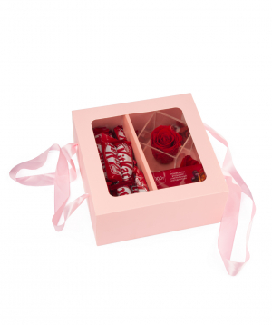 Gift box `EM Flowers` with an eternal rose and sweets