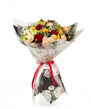 Bouquet `Aswan` with roses and gypsophilias