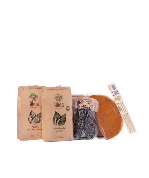 Gift box `Akos` with tea, fruit lavash, dried fruit