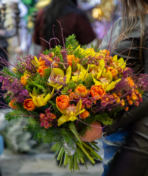 Bouquet `Ordis` with tulips and orchids
