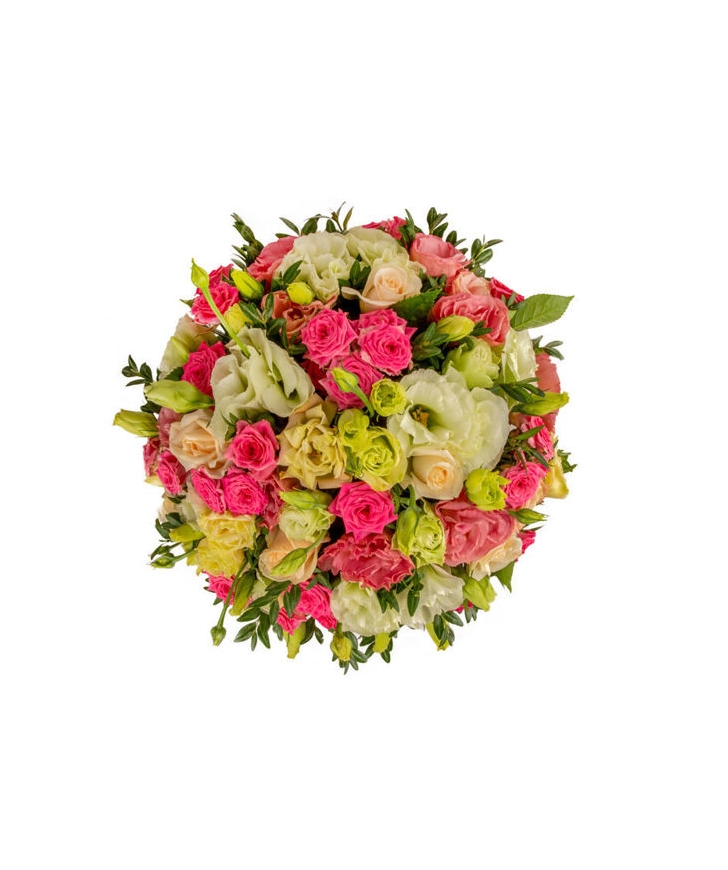 Composition `Benin` with roses and lisianthus