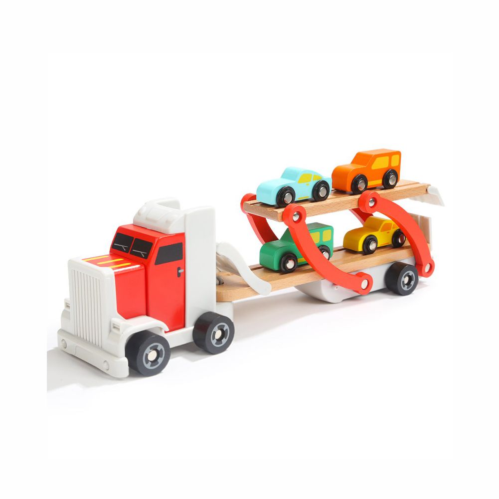 Toy trailer with wooden cars